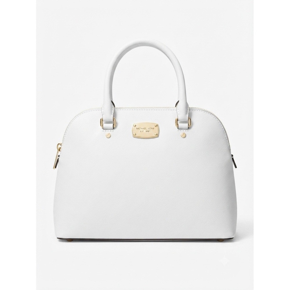 Michael Kors White Saffiano Leather Dome Satchel Bag Gold Hardware